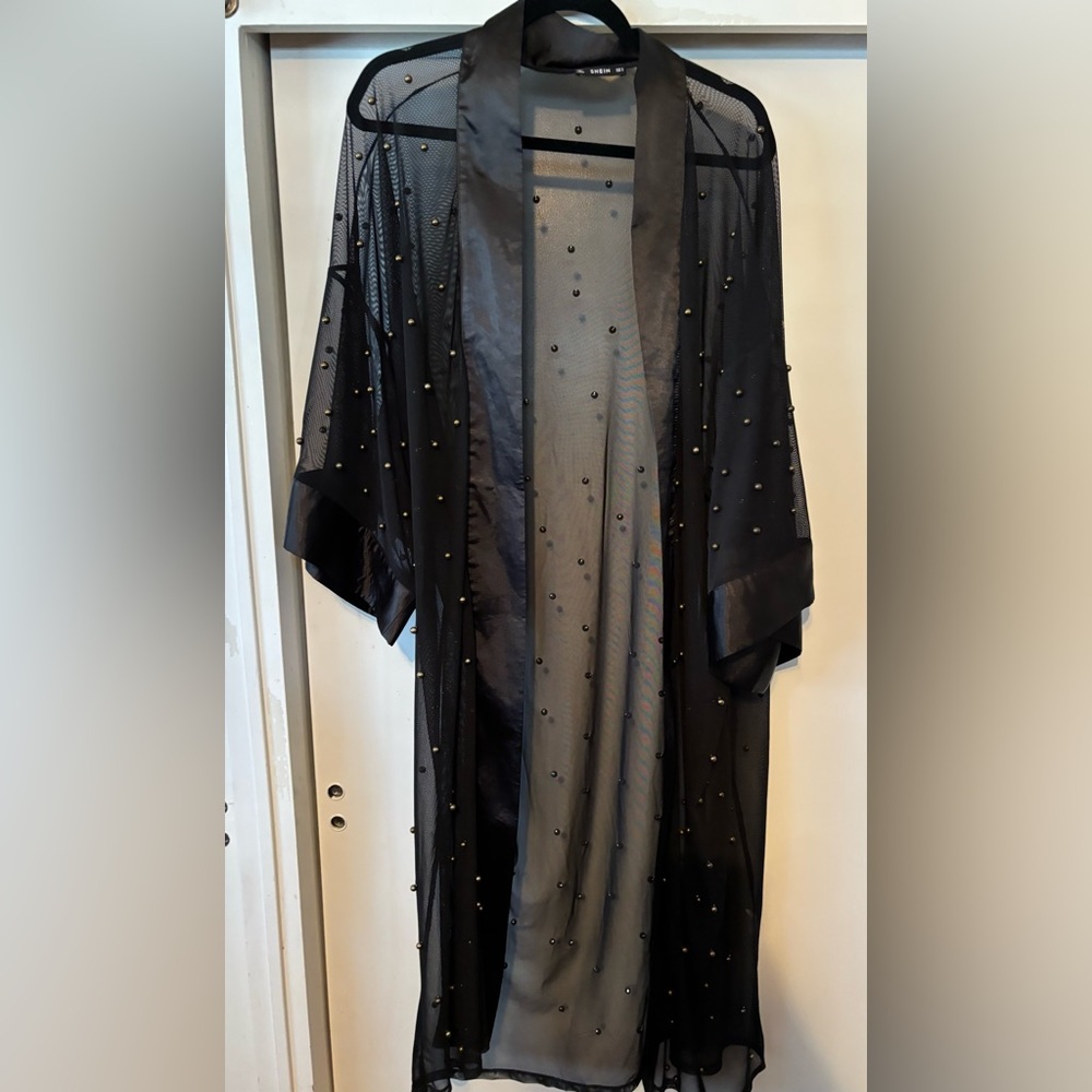 Elegant Sexy Black Long Sheer Beaded  Swimsuit Cover UP One Size NWOT